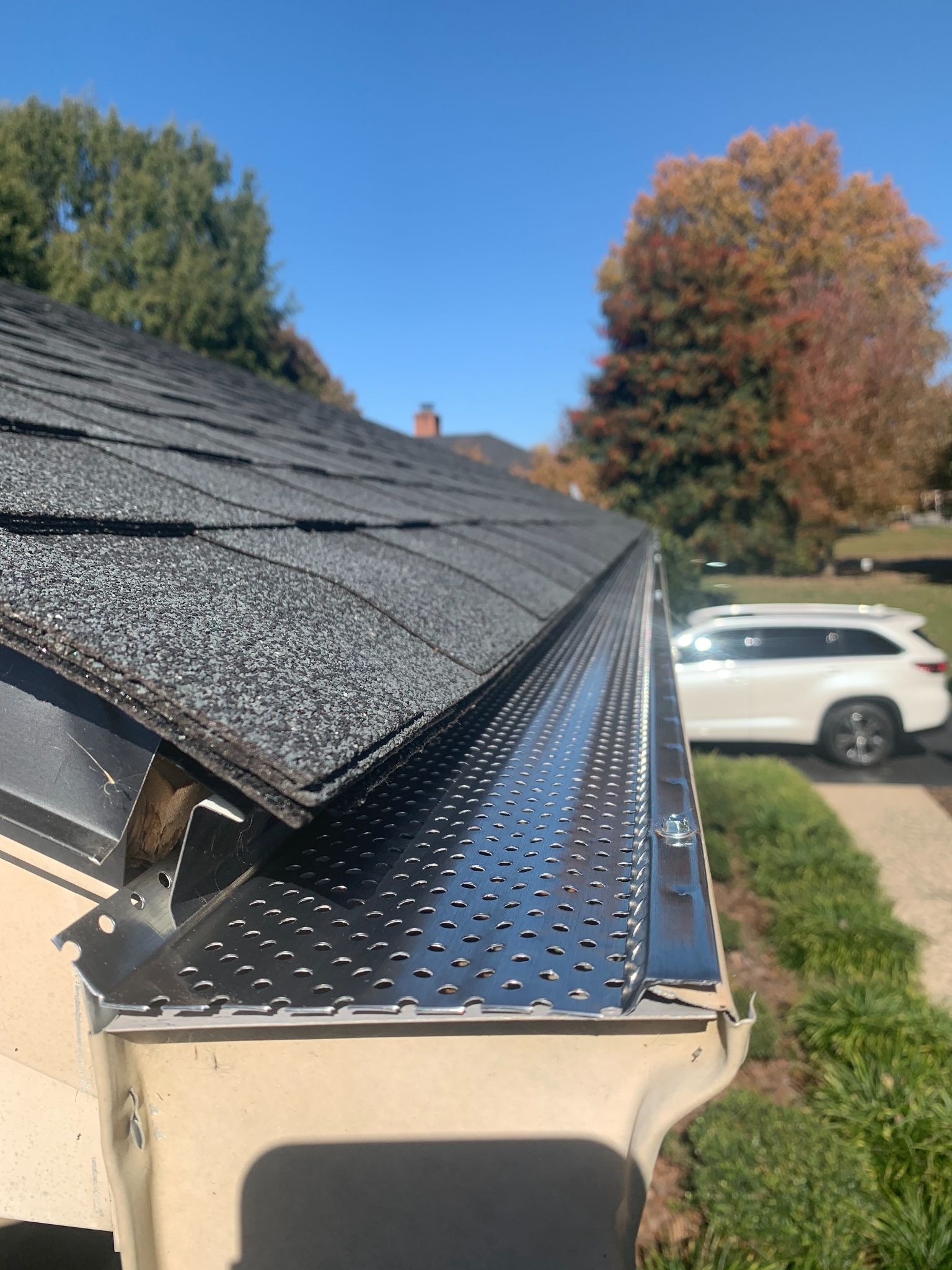 Leaf protection system installed on the gutter of a suburban house