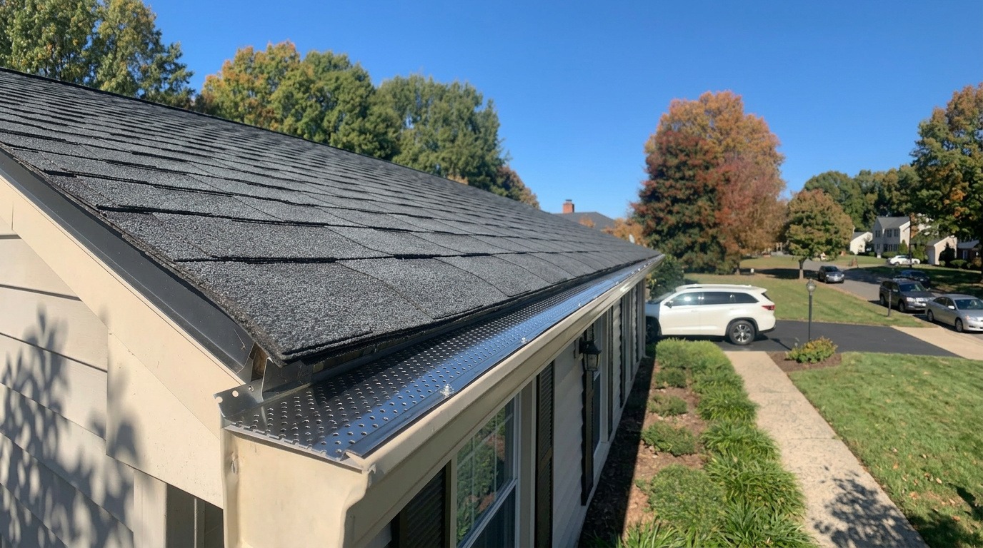 Suburban house roof equipped with a gutter guard system for improved protection and water flow